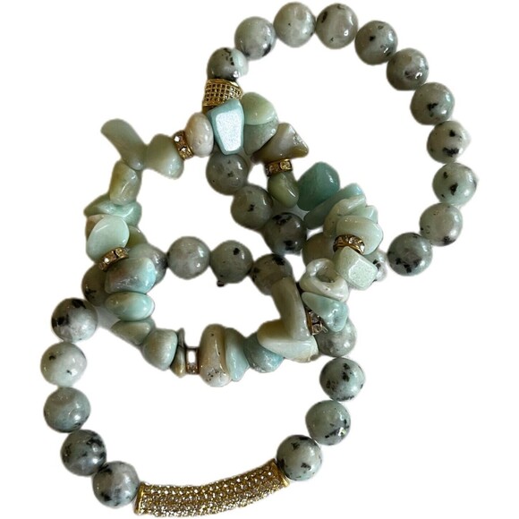 Gemstone Beaded Bracelet Set Stretchable Kiwi Beads/Amazonite Chips/Rhinestones - Picture 4 of 7